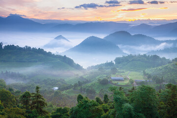 Naklejka premium Asia culture - Beautiful landscape of lake level reflect fantasy dramatic sunrise sky in Sun Moon Lake , in Taiwan, Asia. the famous travel attractions in Nantou ,Taiwan. Scenery of Sun Moon Lake, 