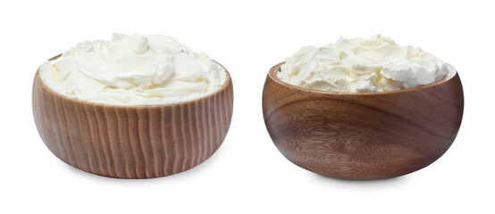 Tasty fresh cream cheese on white background, collage. Banner design