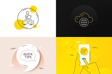Minimal set of Cloud computing, Calendar and Quickstart guide line icons. Phone screen, Quote banners. Work home icons. For web development. Internet storage, Calculator device, Helpful tricks. Vector