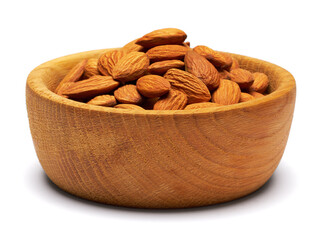 Wooden bowl full of Almond nuts isolated on a white background