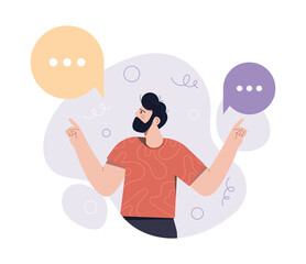 Concept of dilemma. Man chooses one of two options. Difficulties with determining path of life, fear of lost profits. Puzzle and challenge, pensive character. Cartoon flat vector illustration
