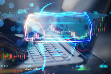 Close up of hands using laptop with abstract hologram of digital head with VR glasses and glowing forex chart on blurry background. Economy, metaverse and stock concept. Double exposure.