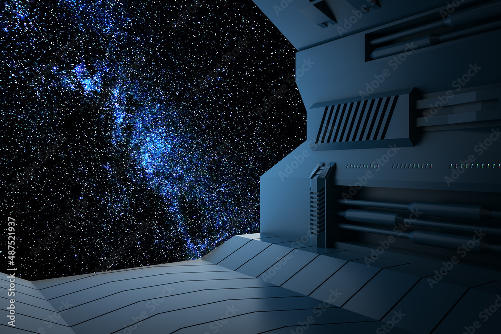 Poster Modern spaceship with bright starry sky view. Mock up place. Universe and fantasy concept. 3D Rendering.