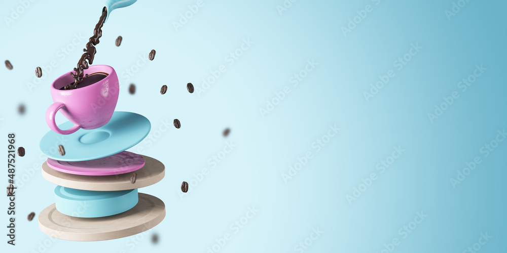 Poster abstract blue background with coffee pouring into pink cup stack. mock up place. morning and addicti