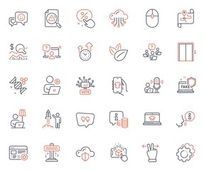 Technology icons set. Included icon as Time management, Check investment and Search document web elements. Settings gears, Map, Online voting icons. Fake internet, Augmented reality. Vector