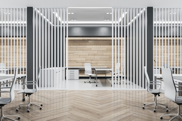 Clean wooden and concrete office interior with furniture and blinds. Design and architecture concept. 3D Rendering.