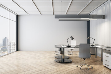 Modern wooden and concrete office interior with mock up place on wall, furniture and window with panoramic city view. Design and architecture concept. 3D Rendering.