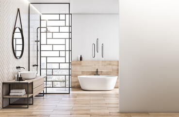 Naklejka na ściany i meble Modern stylish bathroom interior with wooden flooring, mock up place on concrete wall and window with city view, daylight. Design and hotel style concept. 3D Rendering.