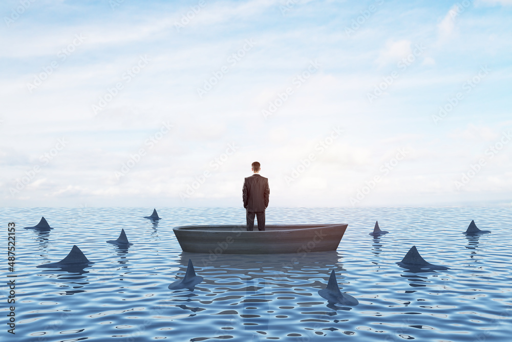 Aufkleber thoughtful young businessperson on boat standing and looking at surrounding sharks. mock up place on