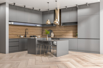 Modern concrete and wooden kitchen interior with daylight, furniture and island. Design concept. 3D Rendering.