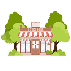 Cute cartoon Book store facade ocated on the street with green trees and shrubs, vector illustration. Book shop Isolated on white background. Building exterior..