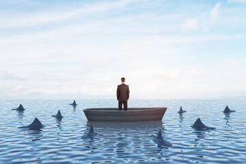 Thoughtful young businessperson on boat standing and looking at surrounding sharks. Mock up place on bright sky with clouds background. Boss and risk concept.