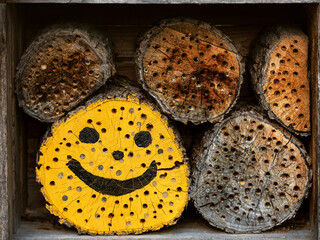 Handmade Happy Smile insect hotel Details of a wild bug house. Help people to animals concept.