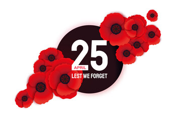 Anzac day with Bright Red Poppy flower in paper cut style. Lest we forget. National Day of Remembrance in Australia and New Zealand. April 25. Space for text.