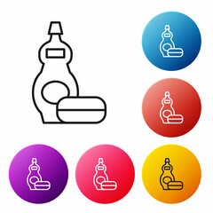 Black line Dishwashing liquid bottle icon isolated on white background. Liquid detergent for washing dishes. Set icons colorful circle buttons. Vector