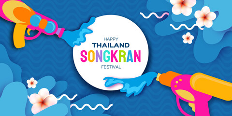 Songkran Festival with Blue water splash. Thailand New Year. Thai happy asian holidays. Water festival party.