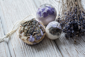 bath salt bomb with dry lavender on a white background.