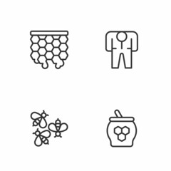 Set line Jar of honey and dipper stick, Bees, Honeycomb and Beekeeper costume icon. Vector