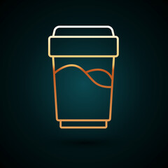 Gold line Glass with water icon isolated on dark blue background. Soda glass. Vector