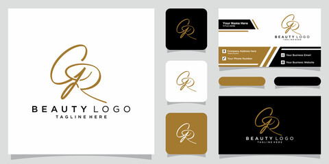 GR Initial handwriting logo vector with business card design