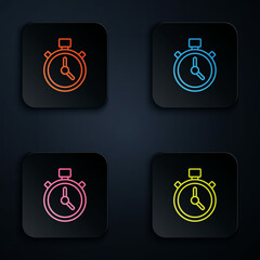 Color neon line Stopwatch icon isolated on black background. Time timer sign. Chronometer sign. Set icons in square buttons. Vector