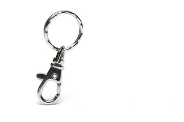 Closeup metal keychain ring carabiner white background