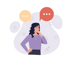 Concept of dilemma. Girl stands with her head resting on her hand. Puzzled and thoughtful character. Difficulty making important decisions. Unsolvable task, choice. Cartoon flat vector illustration