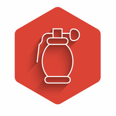 White line Hand grenade icon isolated with long shadow. Bomb explosion. Red hexagon button. Vector