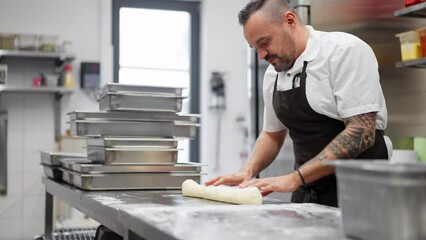 Happy professional chef preparing meal indoors in restaurant kitchen.