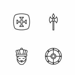Set line Round shield, King with crown, Crusade and Medieval axe icon. Vector