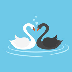 Swans on the lake. White and black swan birds as a symbol of love. Cartoon character. Flat style. Vector illustration