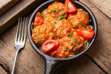 Vegan meatballs and pasta.