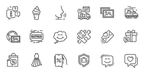 Outline set of Heart, Ice cream and Smile face line icons for web application. Talk, information, delivery truck outline icon. Include Dress, Fastpass, Discounts app icons. Vector