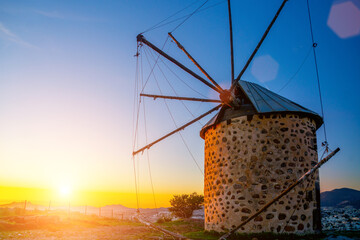 Bodrum, turkey. Great close-up view of the windmill at sunset