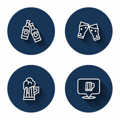 Set line Beer bottle, Glass of beer, Wooden mug and with long shadow. Blue circle button. Vector