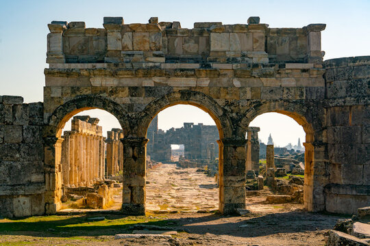 Amphitheater at the ruins of hierapolis in pamukkale, turkey. Unesco world heritage site in turkey. Ruined ancient city in europe. Turkey. Amphitheater.