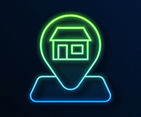 Glowing neon line Map pin with Shopping building or market store icon isolated on blue background. Shop construction. Vector