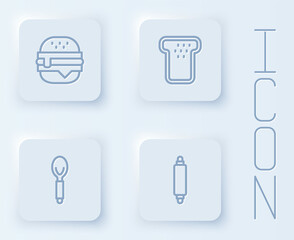 Set line Burger, Bread toast, Spoon and Rolling pin. White square button. Vector