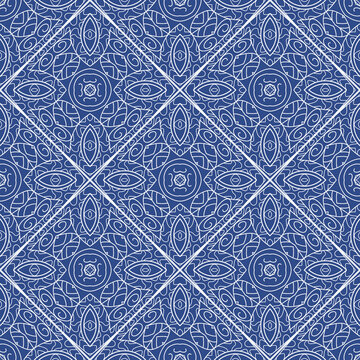 Seamless pattern with decor tile, mosaic oriental ornament. Vector illustration for designing posters, cards, prints, stickers, fabric, textile, gift paper, scrapbooking.