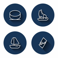 Set line Hockey puck, Skates, Yacht sailboat and Flippers for swimming with long shadow. Blue circle button. Vector