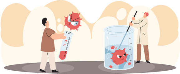 Antivirus vaccine. Scientists conducting scientific researches, laboratory assistants test tubes working in medical lab researchers making chemical experiments test liquids and equipment. Virus in lab