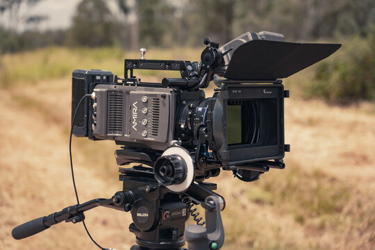 Queensland, Australia - Feb 13, 2022: Arri Amira professional digital video camera on a tripod outdoors