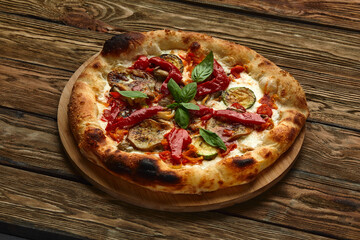 pizza vegetables tomato, onion, pickles, mushrooms, etc. vegan or vegetarian food ready to eat no meat portion on the table for healthy meal snack outdoor top view copy space food background rustic