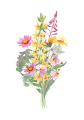 Naklejka na ściany i meble Bouquet of wild flowers. Watercolor hand painted illustration isolated on white background. Yellow, pink and green meadow flowers. Beautiful floral arrangement.