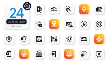 Set of Technology flat icons. Internet report, Idea and Health app elements for web application. Location, File storage, Ab testing icons. Notification bubble, Photo cloud, Umbrella elements. Vector