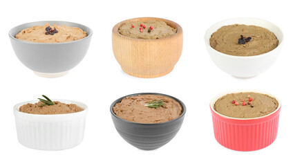 Bowls with delicious liver pate on white background, collage