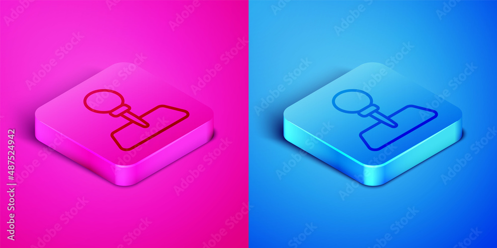 Wall mural Isometric line Push pin icon isolated on pink and blue background. Thumbtacks sign. Square button. Vector