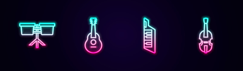 Set line Bongo drum, Guitar, Keytar and Violin. Glowing neon icon. Vector © Iryna