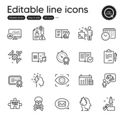Set of Education outline icons. Contains icons as Strategy, Messenger and Chemistry dna elements. Lawyer, Clipboard, Stress web signs. Approved documentation, Engineering documentation. Vector