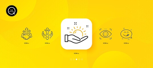 Fototapeta premium Eye detect, Volunteer and Deal minimal line icons. Yellow abstract background. Sunny weather, Yummy smile icons. For web, application, printing. Retina check, Hospice care, Business rise. Vector